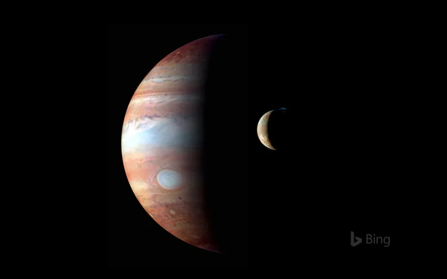 Montage of images of Jupiter and its volcanic moon, Io