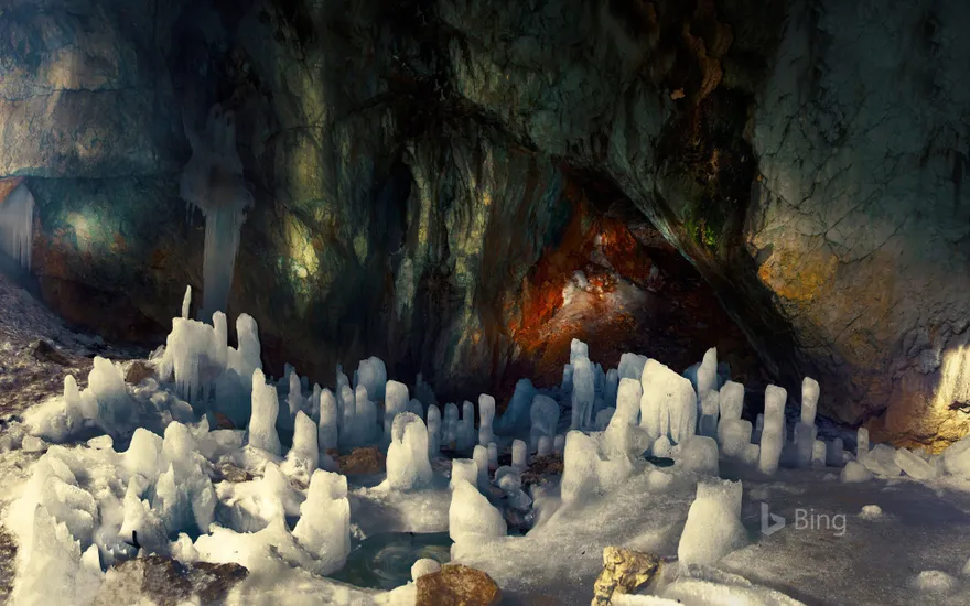 Ice pillars in a cave at Durmitor, Montenegro