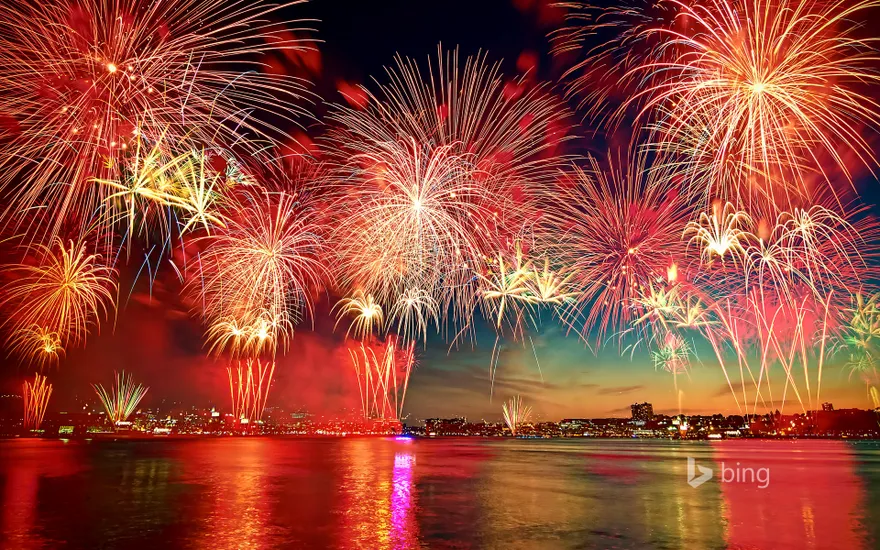 Fireworks display in New York City as seen over the Hudson River from Hoboken, New Jersey