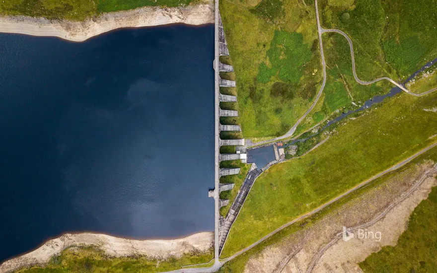 High angle view of Nant-y-Moch dam and reservoir, near Aberystwyth