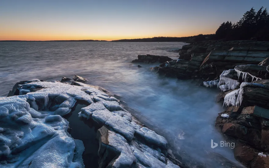 Thick ice clings to the Atlantic coast of Nova Scotia, Canada