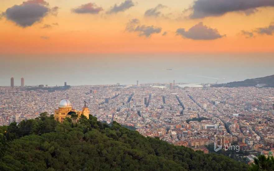 Fabra Observatory and Barcelona seen from the hills of Tibidabo, Spain