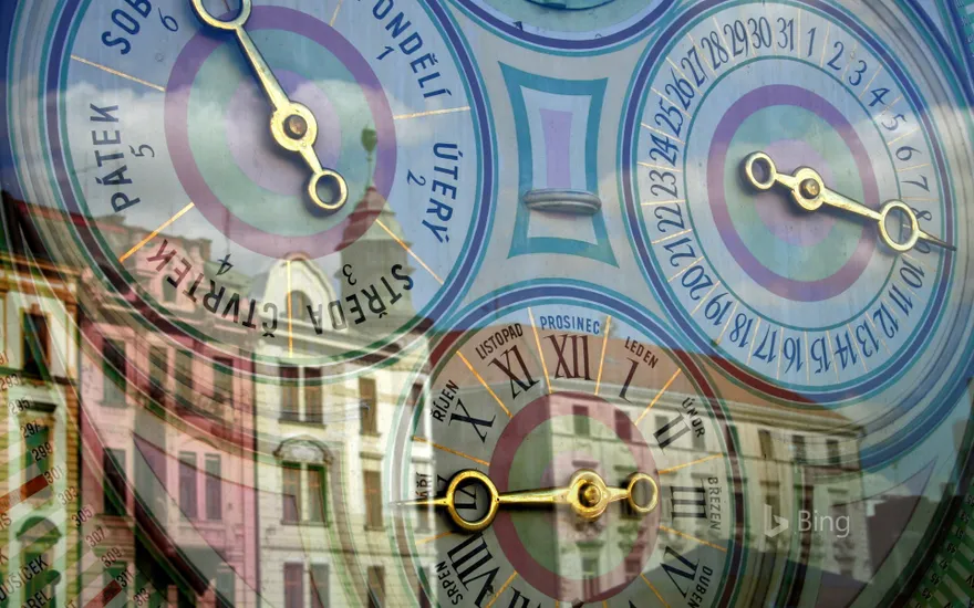 Buildings reflected in the astronomical clock of Olomouc, Czech Republic