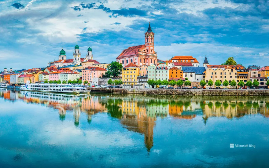 The city of Passau reflecting in the Danube River, Bavaria, Germany
