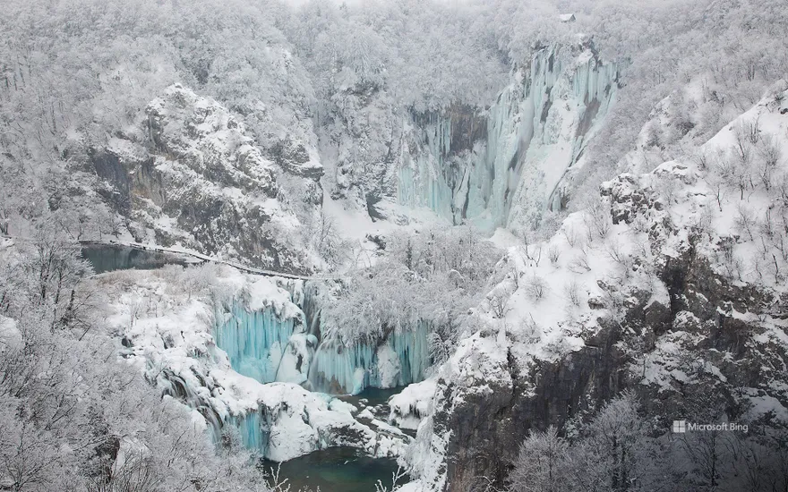 Frozen waterfalls in Plitvice Lakes National Park, Croatia