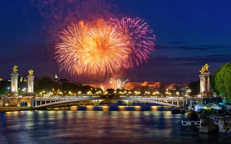 Fireworks over Pont Alexandre III in Paris, France