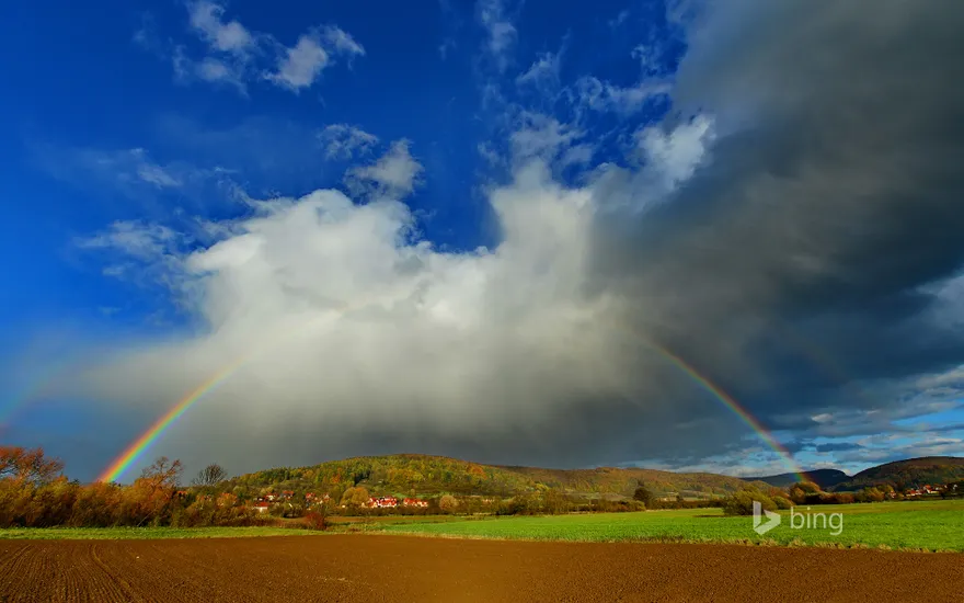 Rainbow over Pretzfeld, Franconian Switzerland, Bavaria, Germany