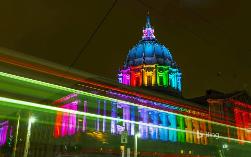 San Francisco City Hall lit with rainbow lights for Pride