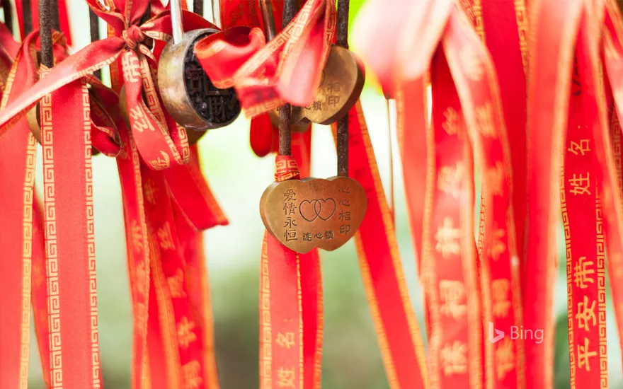 Tanabata, Love locker on a red stripe hanging in a temple in Chengdu, China