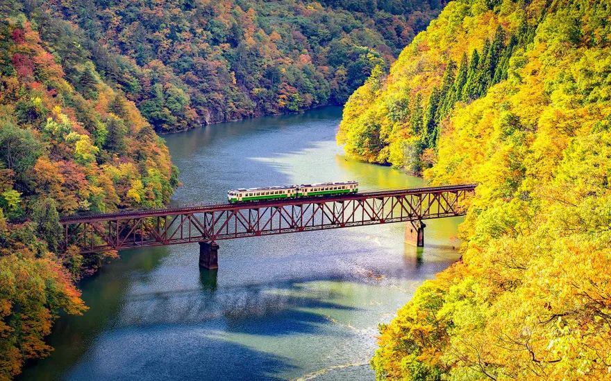 Train crossing the Third Tadami River Bridge, Mishima Town, Onuma District, Fukushima Prefecture