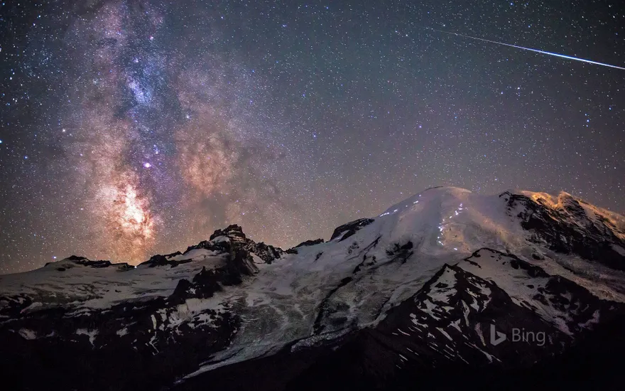 Milky Way above Mount Rainier in Mount Rainier National Park, Washington