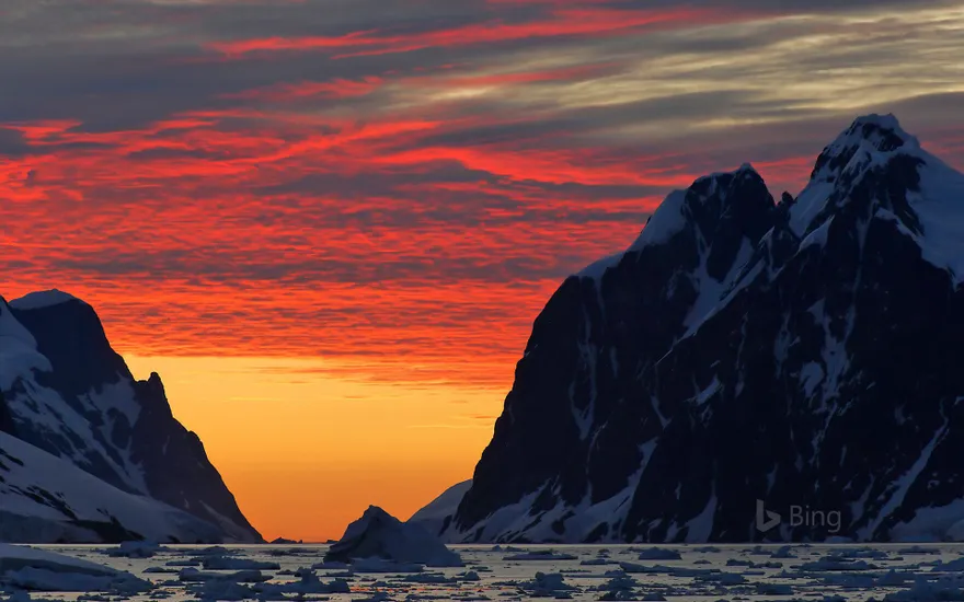 Coastline at sunset, Antarctic Peninsula, Antarctica