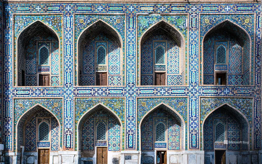 Mosaic façade in Registan Square, Samarkand, Uzbekistan
