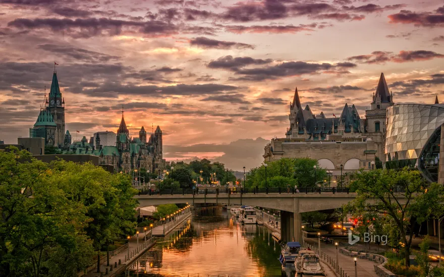 Rideau Canal at sunset with Chateau Laurier in the background, Ottawa, Canada