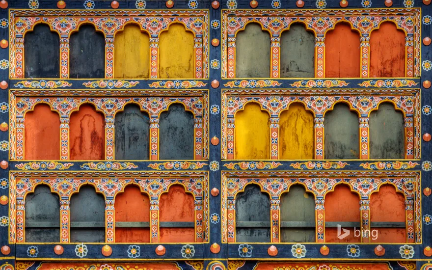 Architectural detail of Rinpung Dzong in Paro, Bhutan