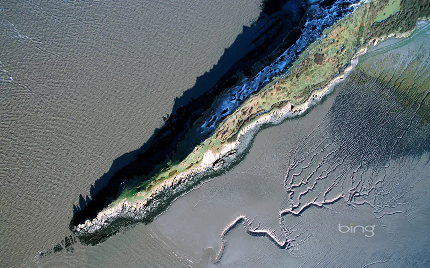 Aerial view of the coastline at Sand Point, Somerset, England