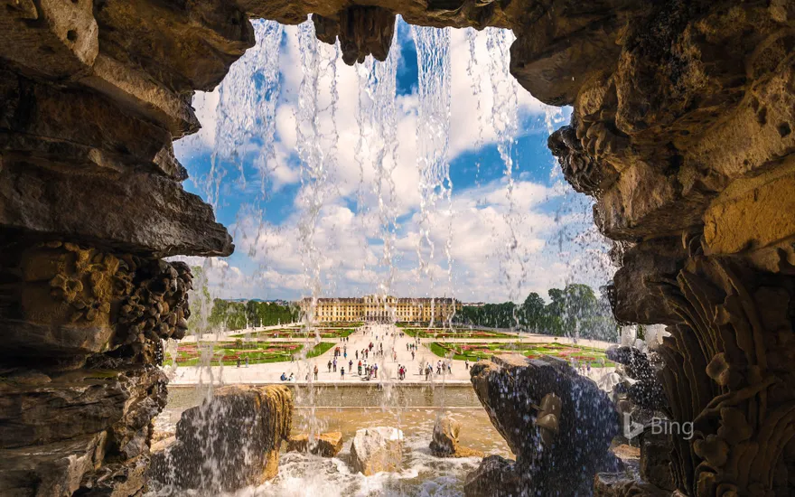 Schönbrunn Palace photographed from behind Neptune Fountain in Vienna, Austria