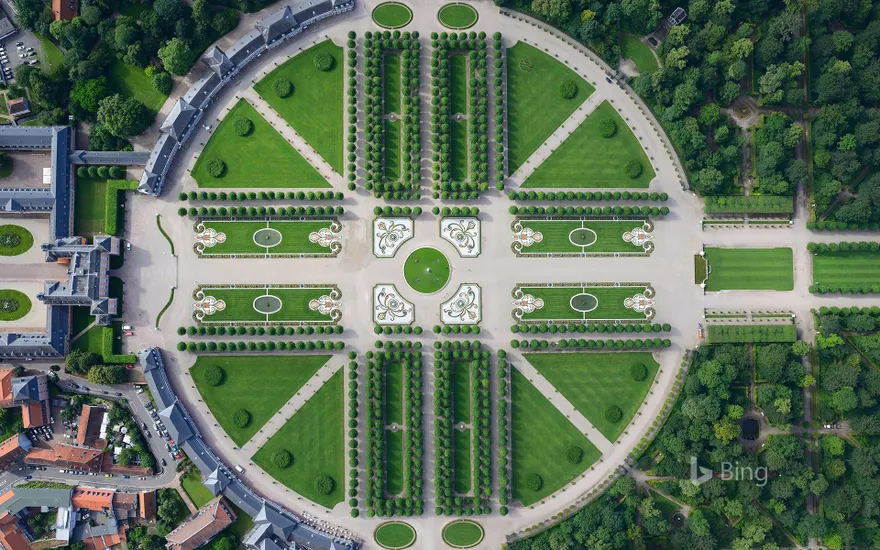 Aerial view of Schwetzingen Palace gardens, Baden-Württemberg, Germany
