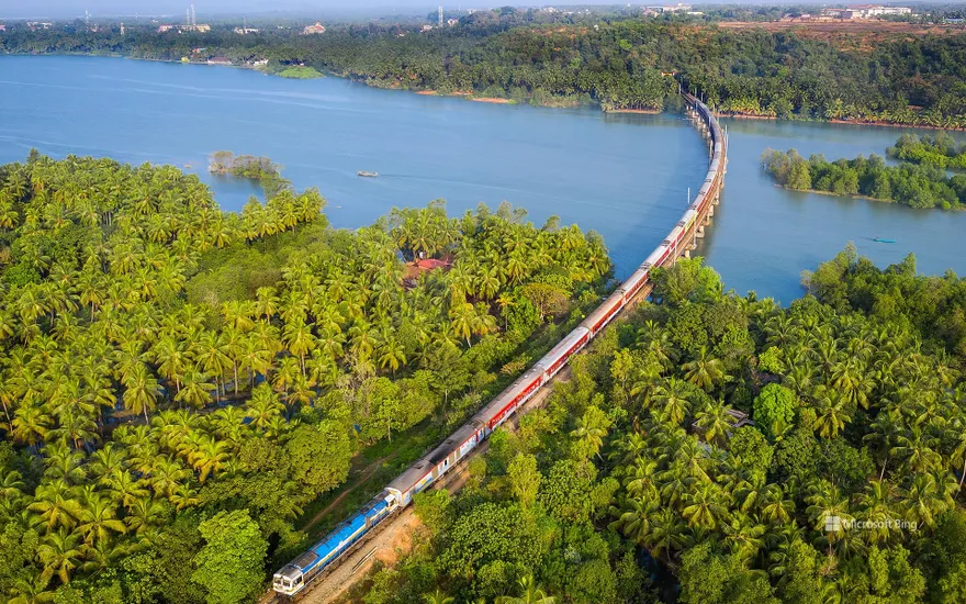 A train crossing the Sharavati Bridge in Karnataka, India