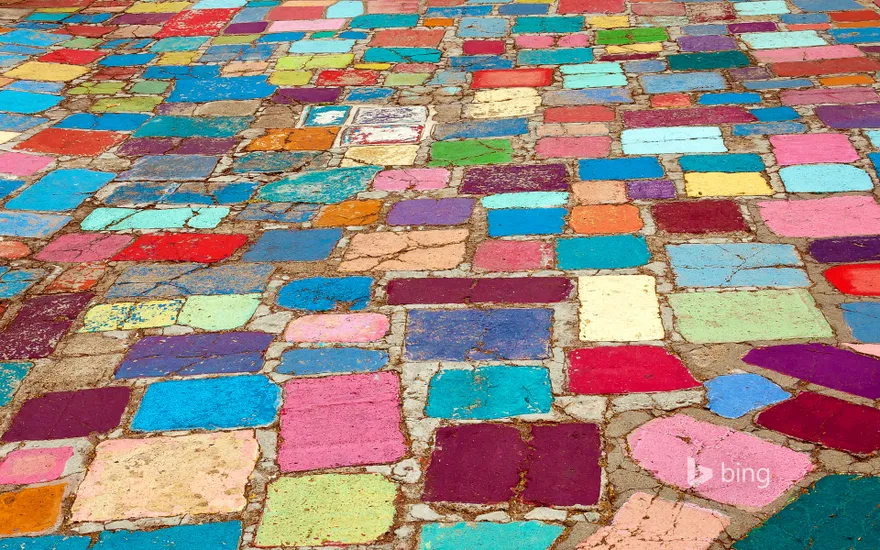 Multicolored cobblestones in the Spanish Village Art Center in Balboa Park, San Diego, California