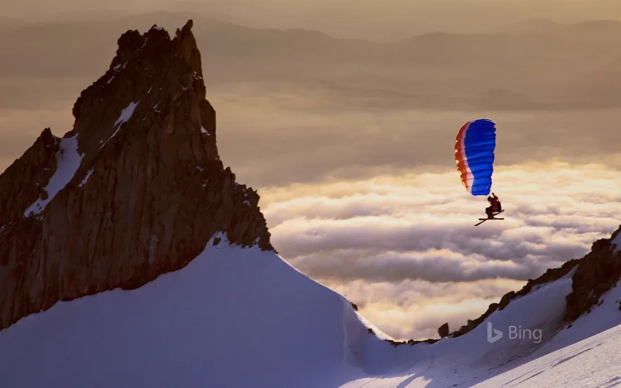 Backcountry adventurer Alex Peterson speed riding on the south side of Mount Hood, Oregon