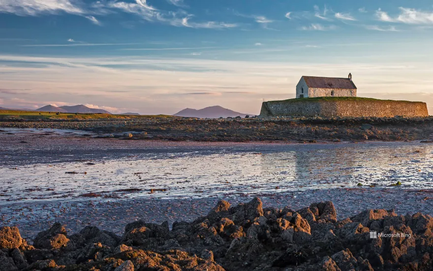St Cwyfans Church, Anglesey at low tide.