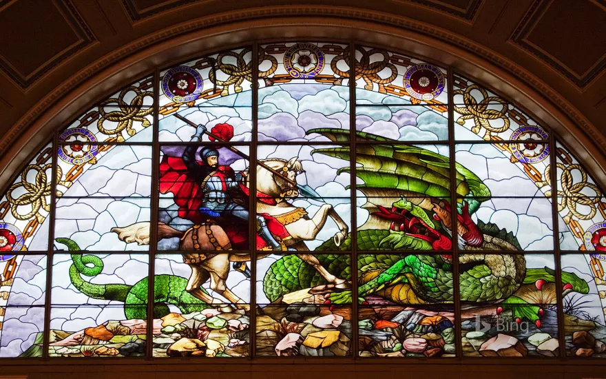Stained glass windows showing St George and the Dragon at St George's Hall, Liverpool