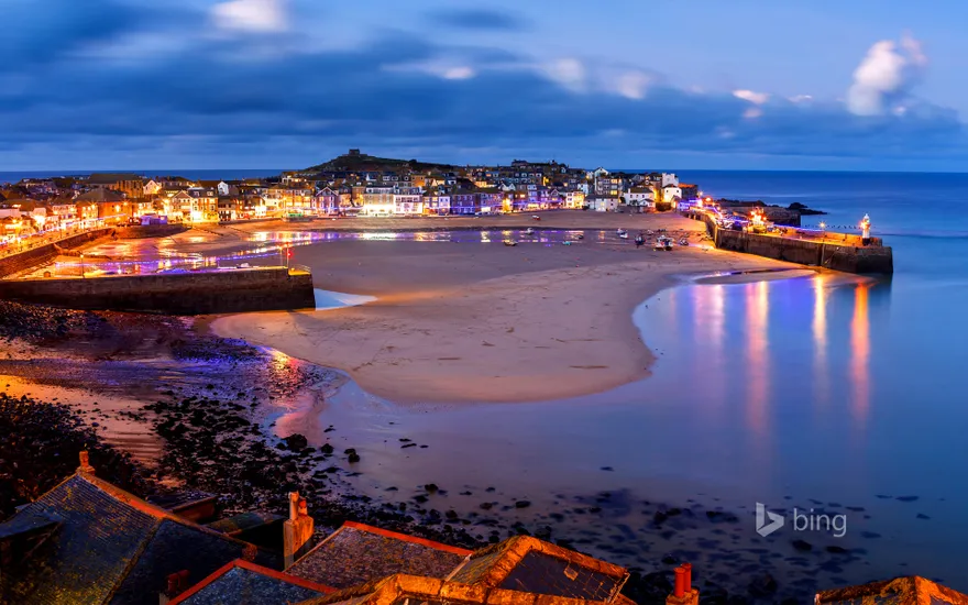 Dusk overlooking St Ives Harbour, Cornwall, England