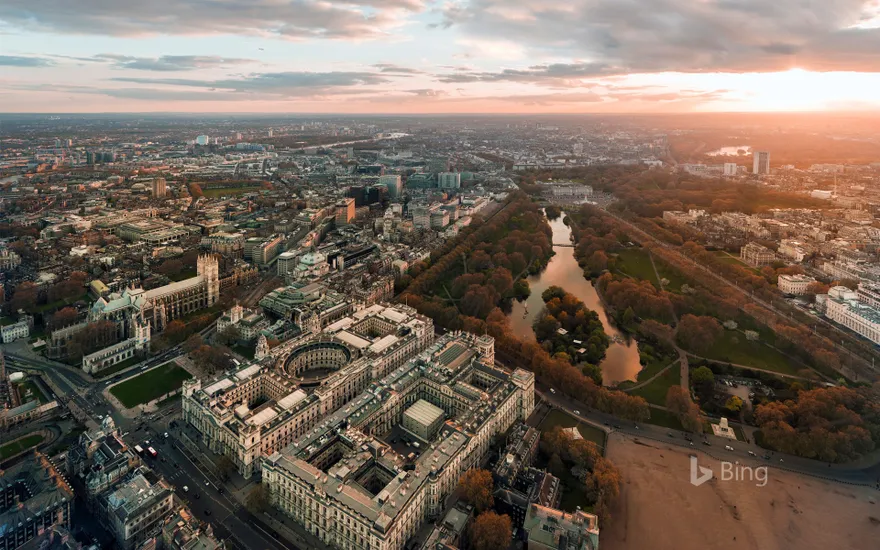 Aerial photograph over Whitehall and St James's Park, London