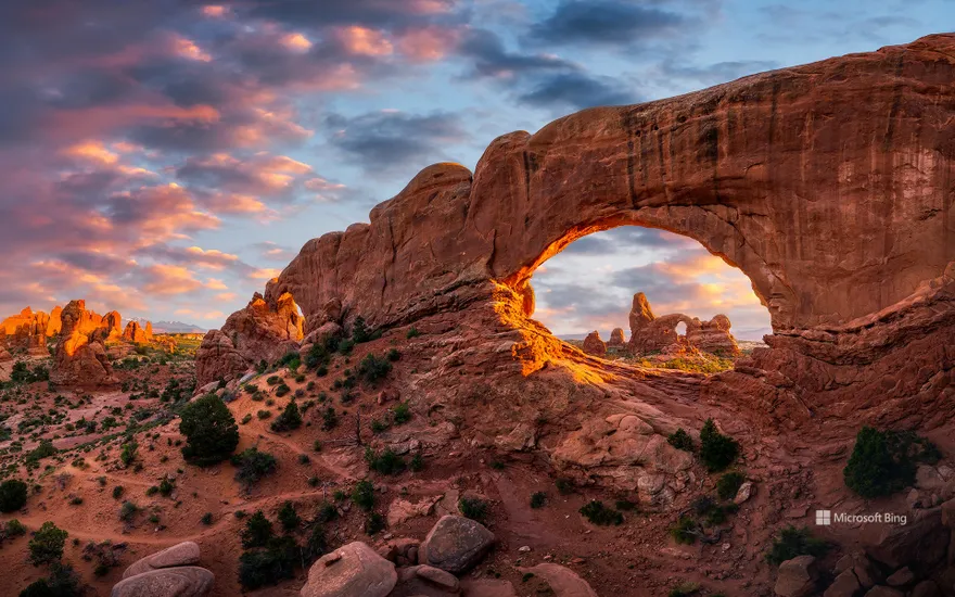 North Window with Turret Arch in the distance, Arches National Park, Utah, USA
