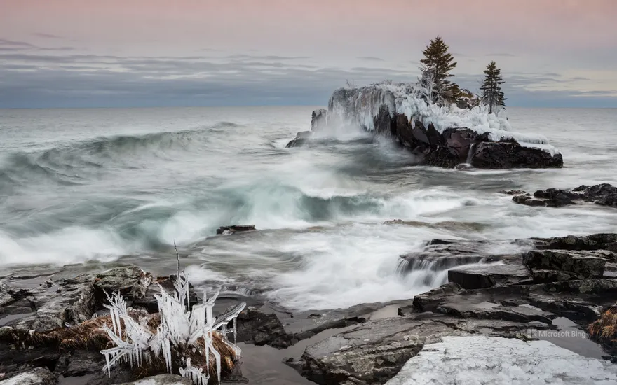 Snow and ice along the shoreline of Lake Superior in winter; Thunder Bay, Ontario