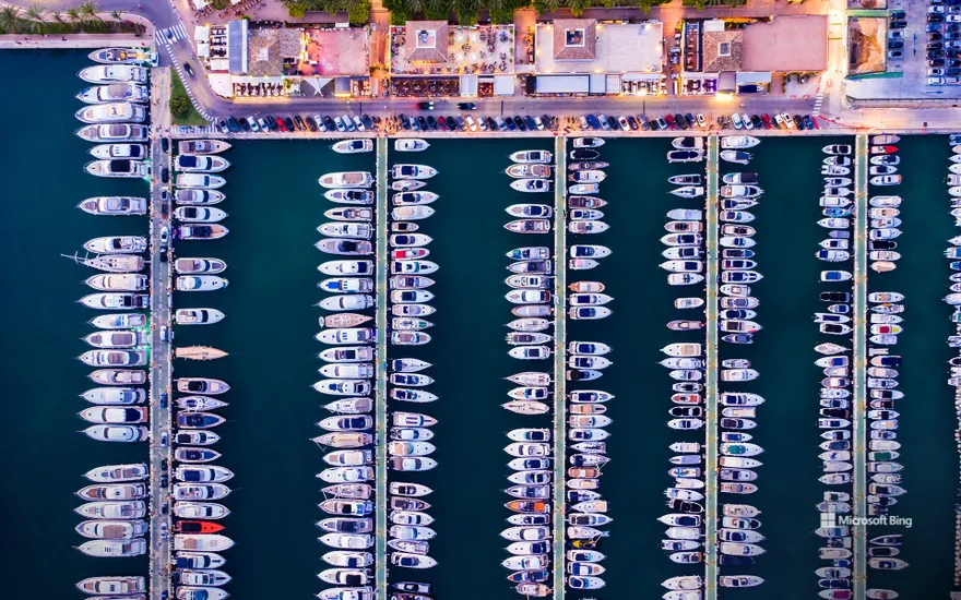 Aerial view of luxury marina, Puerto Portals, Portals Nous, Mallorca, Balearic Islands, Spain