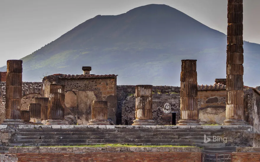 The Temple of Jupiter and Mount Vesuvius from Pompeii, Italy