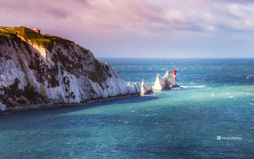 The Needles chalk pinnacles and lighthouse on the Isle of Wight.