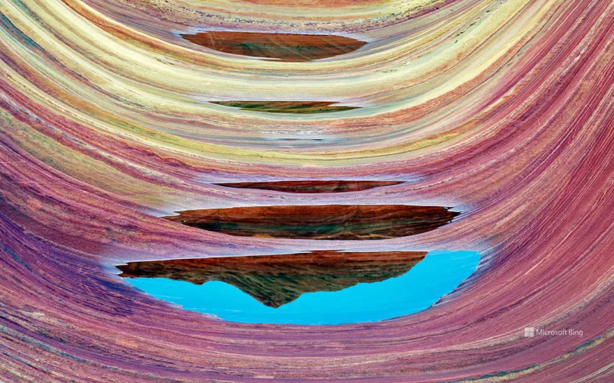 'The Wave' sandstone formation with pools of water in Vermilion Cliffs National Monument, Arizona