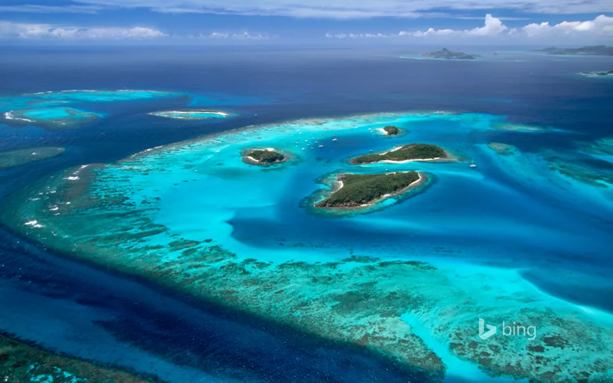 Aerial view of the Tobago Cays group of islands, St. Vincent and the Grenadines