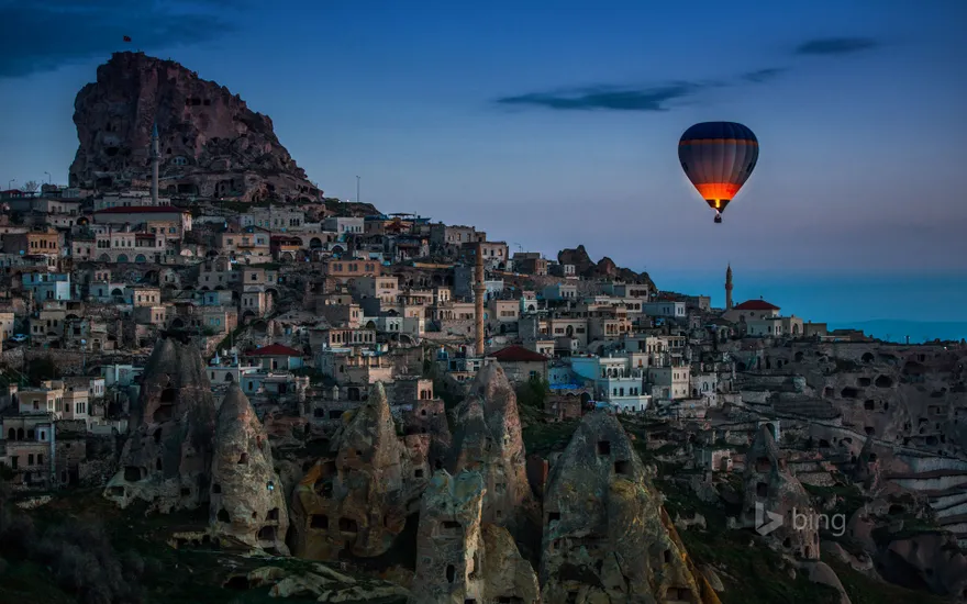 Hot air balloon over Uçhisar in Cappadocia, Turkey