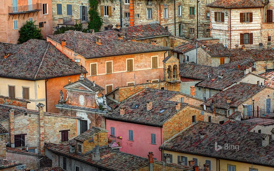 Rooftops in the walled city of Urbino, Italy