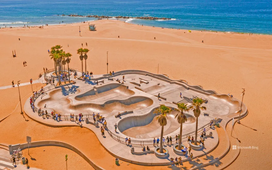 Aerial view of the Venice Skatepark in Venice Beach, Los Angeles, USA