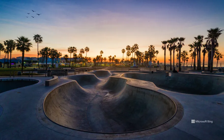 Venice Beach Skatepark at sunset, Los Angeles, California