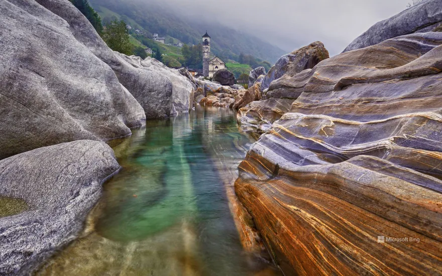 Rocks in the Verzasca River near the hamlet of Lavertezzo in the Valle Verzasca of Switzerland