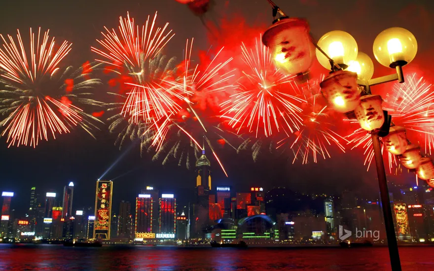 Fireworks in Victoria Harbour during Chinese New Year festivities, Hong Kong, China
